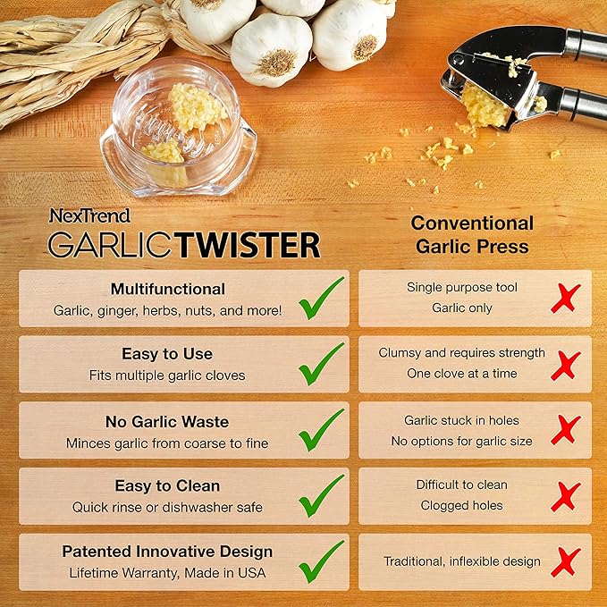 Garlic Twister 4th Gen – Garlic Mincer & Garlic Press in One, for Ginger, Herbs, Nuts & more, BPA-Free, Dishwasher Safe, 3–5 Clove Capacity - Purple