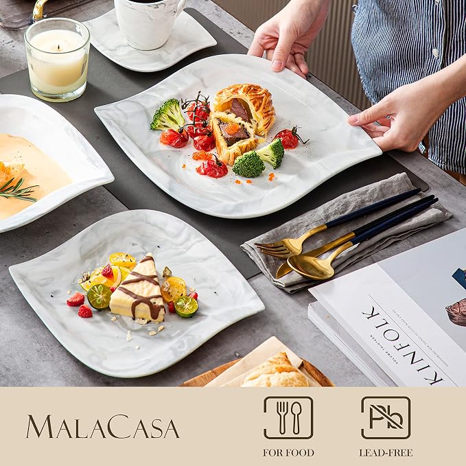 MALACASA 30 Piece Porcelain Dinnerware Set, Marble Grey for 6 | Complete with Plates, Bowls, Cups, Saucers, Microwave Oven and Dishwasher Safe Porcelain, Modern Square Design, Service for 6