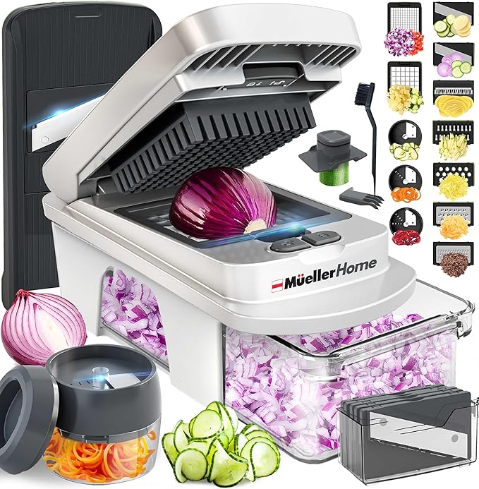 Mueller Pro-Series All-in-One, 12 Blade Mandoline Slicer for Kitchen | Spiralizer, Food Chopper, Vegetable Slicer, Cutter, Dicer, Grater, Kitchen Gadgets with Container, White Sand/Gray