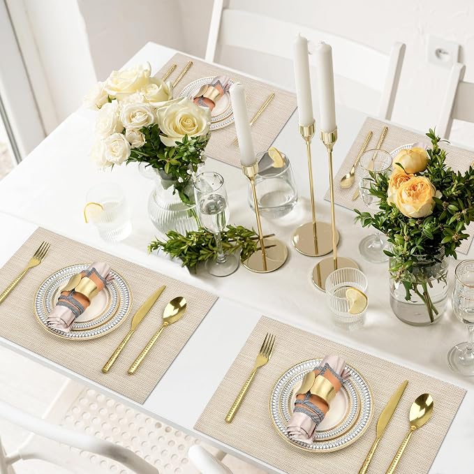 SLKQG Beige Placemats Set of 4 - Easy Clean Washable Vinyl Placemats - Wipeable Heat Resistant Table Mats for Dining Table - 17.7x11.8 Inch (4, Beige)
