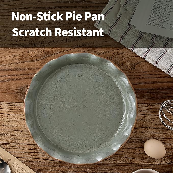 Ceramic Pie Pan for Baking[10.5 inch],Reusable NonStick Ceramic Baking Dish | Reusable NonStick Ceramic Pie Plate with Ruffled Edge,Deep and Fluted Pie Dish for Apple Pie,Quiche,Pot Pie, Tart, etc（Green）