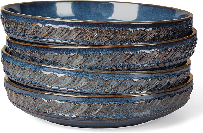 Pasta Bowls, 50oz Large Salad Serving Bowls, 9.75'' Plates Bowls Set of 4, Big Ceramic Soup Bowls for Kitchen, Embossment Shallow Dinner Bowl, Microwave Dishwasher Safe, Willow Leaf, Blue
