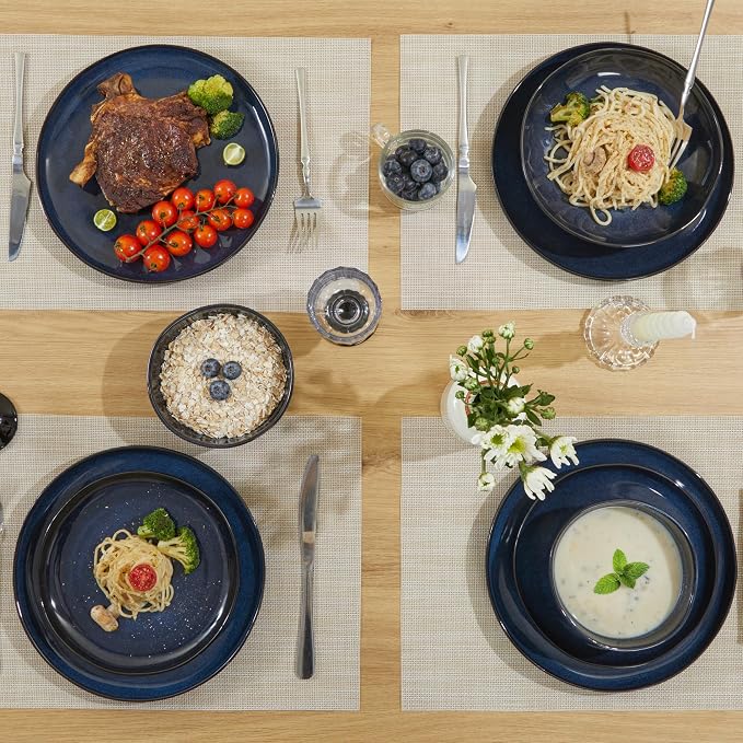 24 Pieces Dinnerware Set for 6 with Pasta Bowls, Complete Ceramic Dish Set, Stackable & Glossy Stoneware Plate and Bowl Set for Effortless Everyday Hosting, Starry Blue
