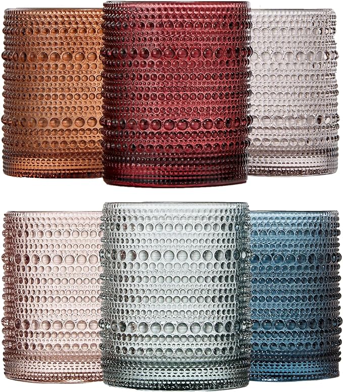 Vintage Beaded Hobnail Tumbler, Colored Drinking Glasses, Set of 6 | 11 oz | Vintage Colored Glass, HAND WASH ONLY, Comfortable Grip, Ideal for Whiskey, Water, Wine, Cocktails & Everyday Beverages