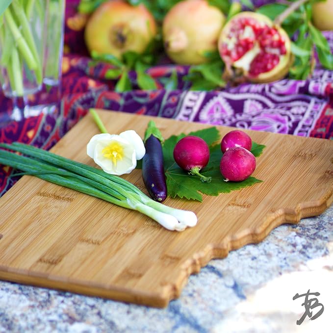 Totally Bamboo Arkansas State Shaped Serving and Cutting Board | State charcuterie board with natural bamboo grain. Knife-friendly surface for food prep. Hang tie for wall display.
