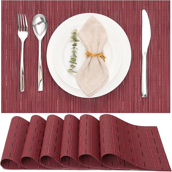 Myir JUN Placemats Set of 6 Kitchen and Dining Table Placemats | Vinyl Placemats Place Mats Indoor/Outdoor Set of 6 Washable Table Mats Non-Slip Place mats for Dining Table, Red