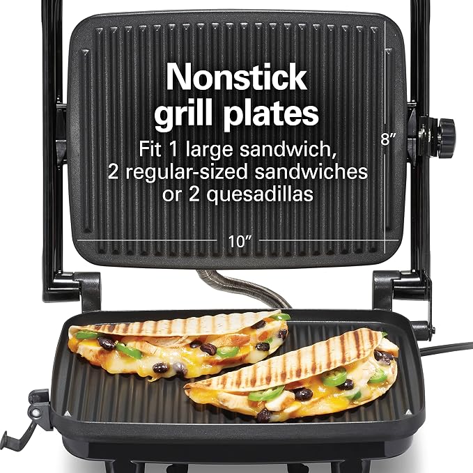 Hamilton Beach Electric Panini Press Grill with Locking Lid, Opens 180 Degrees for Any Sandwich Thickness, Nonstick 8" X 10" Grids, Red (25462Z) | Floating Hinge Evenly Cooks Any Sandwich | Locking Lid | PFAS-Free Non-Stick 8" x 10" Grids | Red
