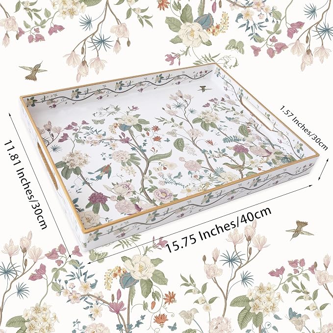 Serving Tray with Handles, Rectangular Plastic Tray 15.75x11.81 Inch, Floral Art with Peony, Hydrangea, Magnolia & Magpie Style Decorative Tray for Kitchen, Dining Table, Vanity, Office & Home