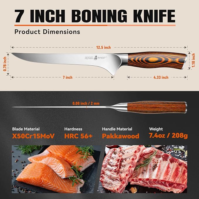 TUO Boning Knife, 7 inch Sharp Fillet Knife for Trimming Meat with Bones, Woodgrain Pakkawood Handle, High Carbon German Steel, Gift Box Included