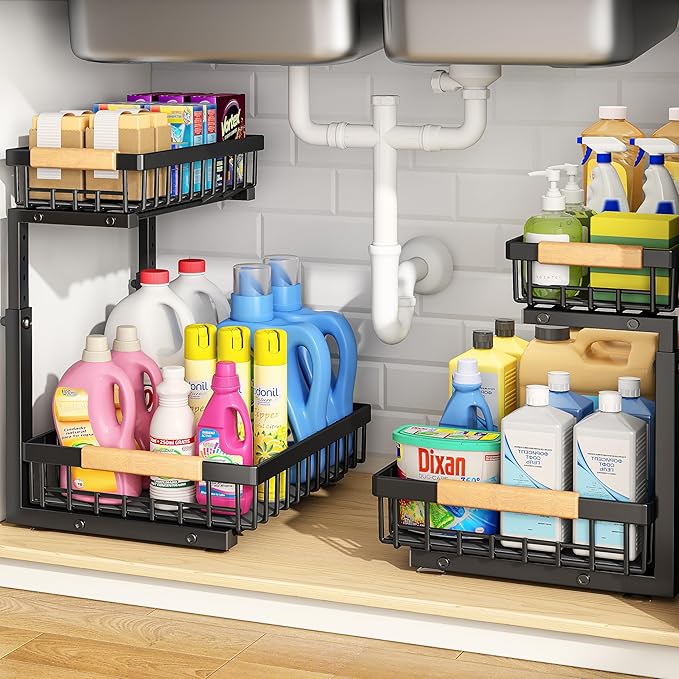 PXRACK Under Sink Organizer, Adjustable Height, 2 Tier Pull Out Under Cabinet Organizer, Slide Out Thickened Metal Under Sink Storage for Kitchen Bathroom Laundry Pantry Cabinet, Black, Small-2-Pack
