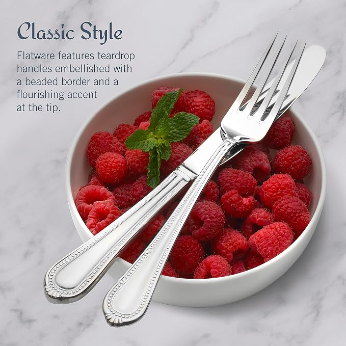 Mikasa Regent Bead 65-Piece Flatware Set for 12, 18/10 Stainless Steel Silverware with Beaded Teardrop Handles, Includes Serving Utensils, Dishwasher Safe (Pack of 2)