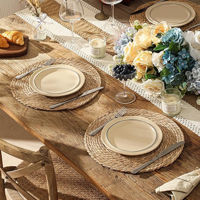 13.8'' Round Woven Placemats Set of 6, Boho Wicker Chargers, Terrekraft | Handmade from Natural Water Hyacinth, Heat-resistant & Non-slip Rattan Chargers, Rustic Farmhouse Decor, Party & Daily Dining