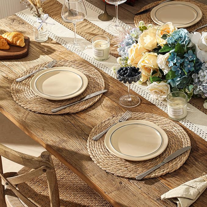13.8'' Round Woven Placemats Set of 4, Boho Wicker Chargers, Terrekraft | Handmade from Natural Water Hyacinth, Heat-resistant & Non-slip Rattan Chargers, Rustic Farmhouse Decor, Party & Daily Dining