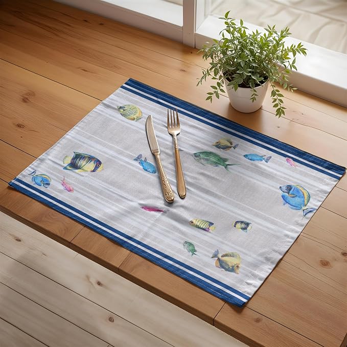 Maison d' Hermine Placemats Set of 4 Reusable 100% Cotton (13"x19") | Cloth Place Mats Washable Table Mats for Kitchen Dining Party Wedding Hotel Home Restaurant Spring Summer - Poisson