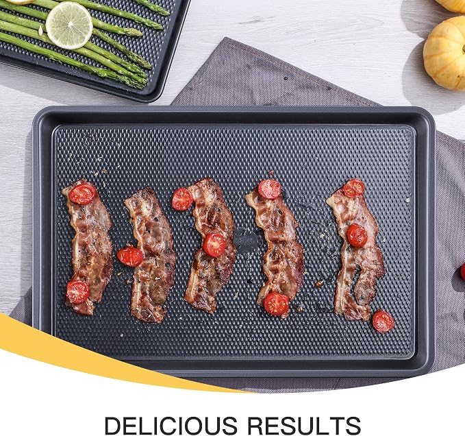 Cookie Sheets for Baking Nonstick - HONGBAKE Baking Sheet Pan Set of 3, Half/Quarter/Jelly Roll Pan for Oven with Diamond Texture Pattern, 57% Thicker Carbon Steel Cookie Trays, Dark Grey
