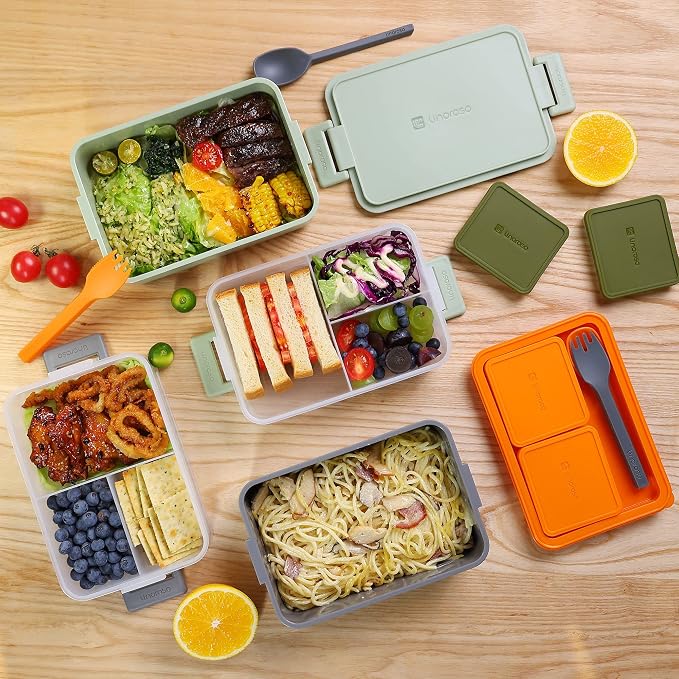 Stackable 2-Tier Adult Bento Box, 4 Compartments - Lava Orange | leakproof bento lunch box with fork & spoon + sauce cups, microwave/dishwasher safe, perfect for office, school & daily meals