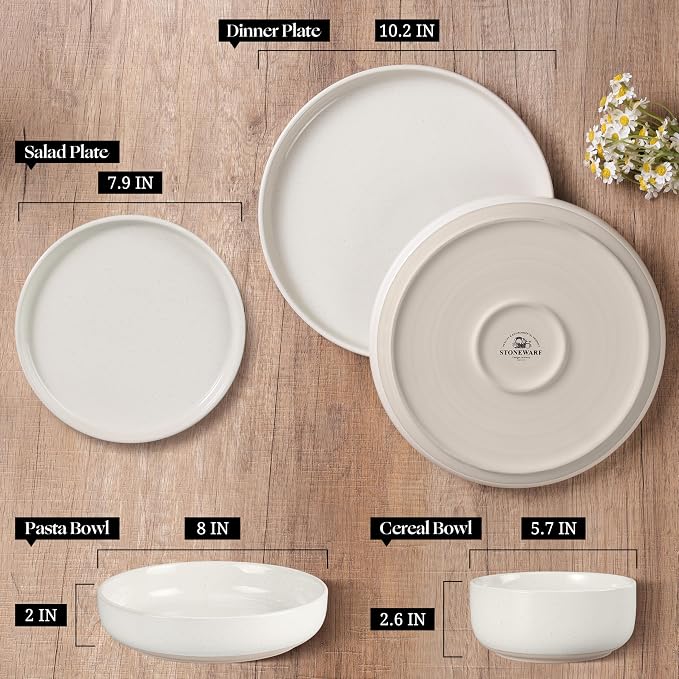 HaWare 16-Piece Plates and Bowls Set for 4, Stoneware Dinnerware Sets with Pasta Bowl, Dishes Set for Home Restaurant, Speckled Milky White