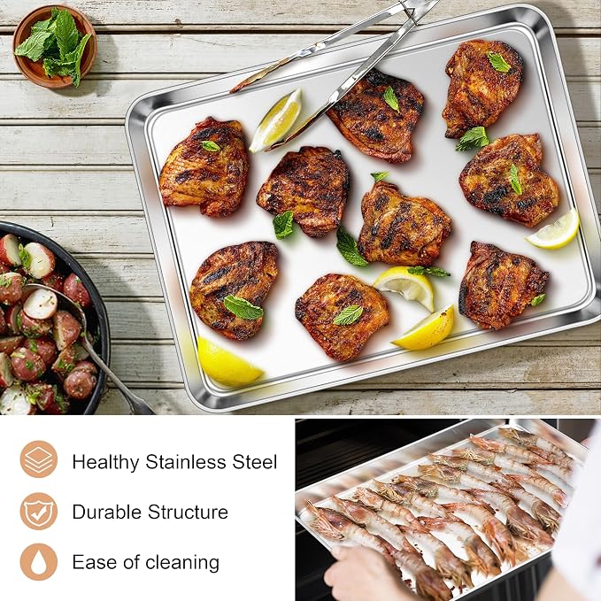 E-far Stainless Steel Baking Sheet Set of 2, 16” x12” x 1” Cookie Sheet Pan | Non-toxic Metal Trays for Oven Baking Cake Cookie, Healthy & Rust Free, Mirror Finish & Dishwasher Safe