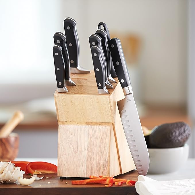 Amazon Basics 9-Piece High-Carbon Stainless Steel Kitchen Knife Set with Ergonomic Handles, Full Tang Construction, Pine Wood Block, Black