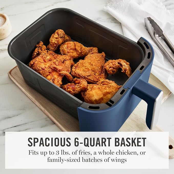 Martha Stewart 6-Quart Air Fryer, 6 Presets, Space Saving, Indigo Blue | 3lb Capacity, PFAS-Free Ceramic Nonstick Basket & Tray, Bake, Roast, Broil, Dehydrate, Reheat, Shake Reminder, Heat up to 400