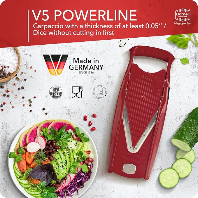 Mandoline Food Slicer Börner V5 (Starter Set) by Reston Lloyd • V-Slicer with Food Holder • Made in Germany • Fruit & Vegetable Chopper • Multiple Settings • Color: Red