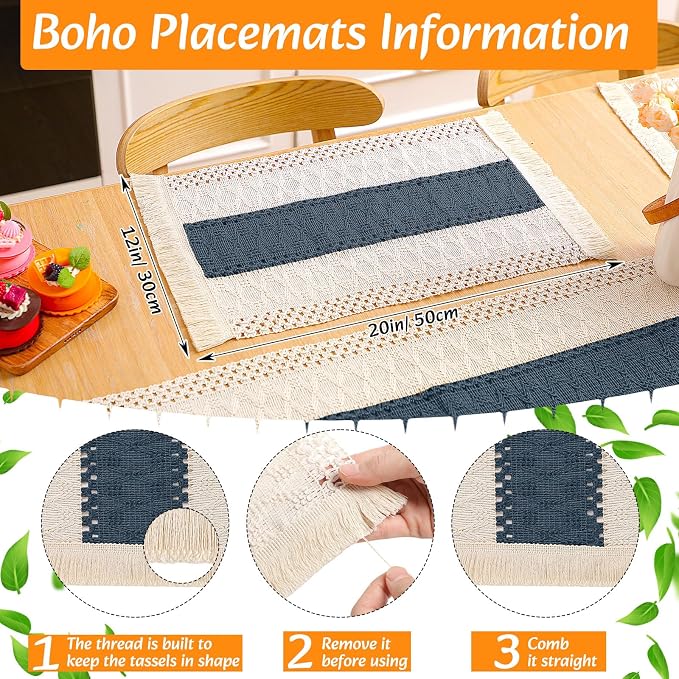 4 Sets Boho Decoration Placemats Round Woven Placemats, Cloth Napkins, Wood Bead Napkin Rings, Long Table Runner and Farmhouse Burlap Cotton for Table Kitchen (Blue,12x72)