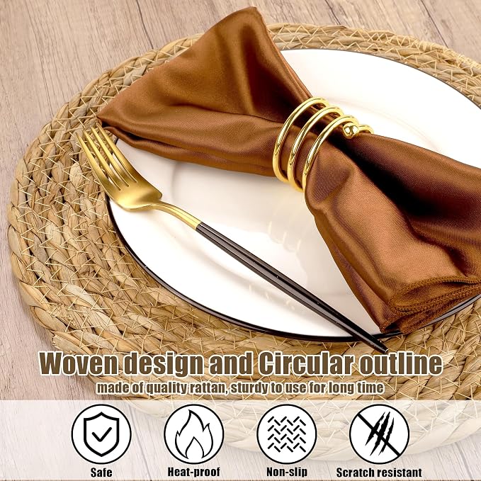 Kochorie Set of 6 Round Woven Placemats - 12 Inch Natural Boho Rattan Wicker Table Mats for Home Dining Table
