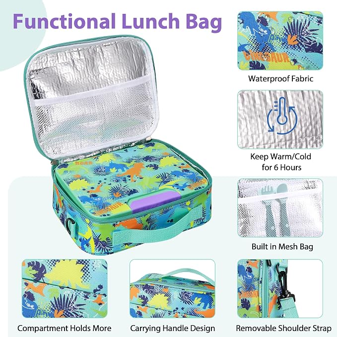 Kids Bento Lunch Box Set with 9.5oz Soup Thermo, Leak-Proof Lunch Food Containers with 3 Compartment and Removable Inner Tray, Insulated Hot Food Jar with Lunch Bag for School, Office, Dinosaur Green
