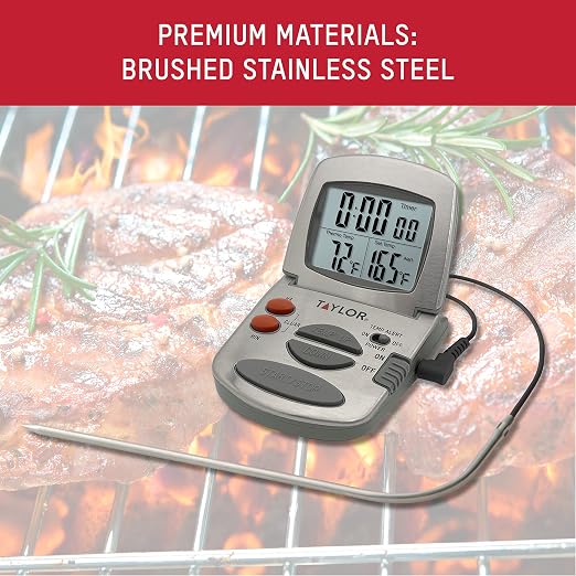 Taylor Programmable Instant-Read Wired Probe Digital Meat Thermometer, Stainless Steel for BBQ, Grill, Kitchen Cooking, Accurate Temperature Readings