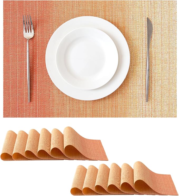 Leetaltree Gradient Burnt Orange Woven Placemats Set of 12 - Heat Resistant Non-Slip Fall Place Mats for Dining Table, Washable Durable PVC Vinyl Woven Table Mats(Gradient Orange-red, 12)