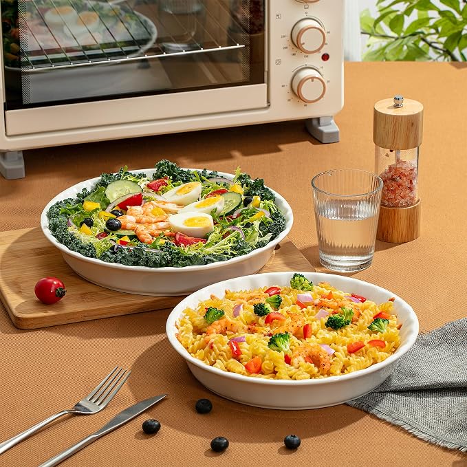 Brew To A Tea BTaT- Ceramic Pie Pan for Baking, 2 Pack, 10.5" & 9.5", Porcelain Ceramic Pie Plate for Salad, Pasta, Fruit and Tart, Freezer, Oven, Microwave and Dishwasher Safe