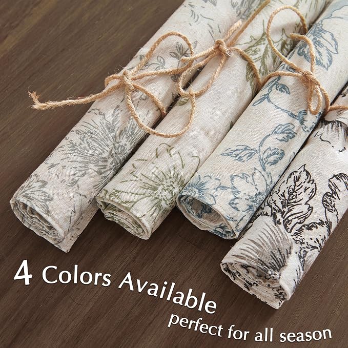 JINCHAN Alice Linen Floral Placemats Set of 4 Farmhouse 13x19 Inch Green | Fabric Placemats, Cottage Style, Floral Line Art, Machine Washable, Easy to Store, Reusable