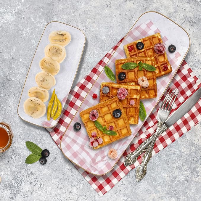 R-kay 4 Pack Plastic Serving Trays For Party - Gold Serving Tray 17 by 6.5 Inch - Heavy Duty Clear Trays For Food - Long Party Serving Trays For Entertaining - Clear Platters