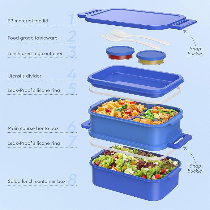 Adult Bento Lunch Box - 3 Layers Stackable Bento Lunch Box for Adults, 72oz Large All-in-One Bento Box Leak-Proof Lunch boxes with Utensil Sauce Containers, Ideal for Dining Out,Work, Blue