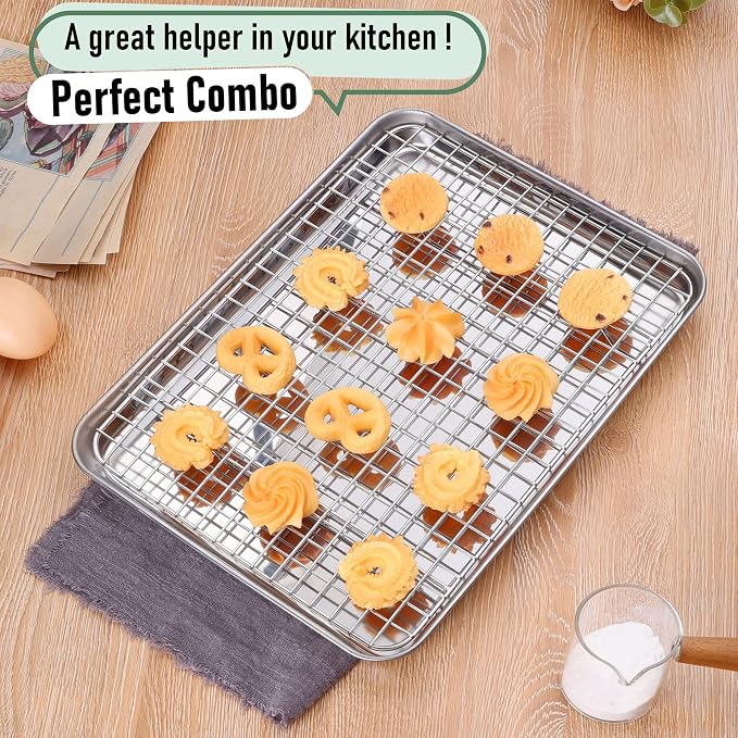 Homikit Baking Sheet with Wire Rack Set (1 Pan+1 Cooling Rack), 12" x 10" | Stainless Steel Quarter Sheet Pan with Grid Cooling Rack for Toaster Oven Roasting, Metal Bacon Cookie Trays with Baking Rack