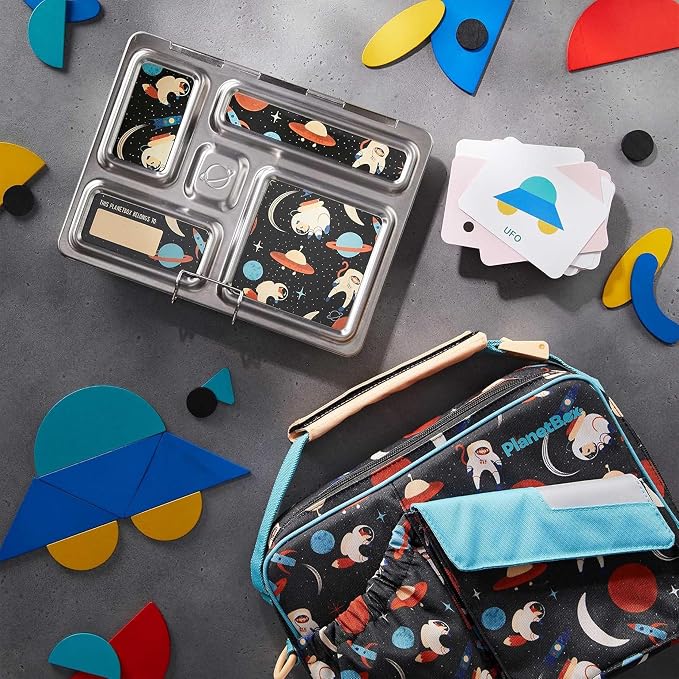 PlanetBox Rover Stainless Steel Bento Box Style Lunch Box Kit for Kids with 5 Compartments – Space Animals Edition includes Insulated Lunch Bag, Leakproof Food Containers and Matching Magnets