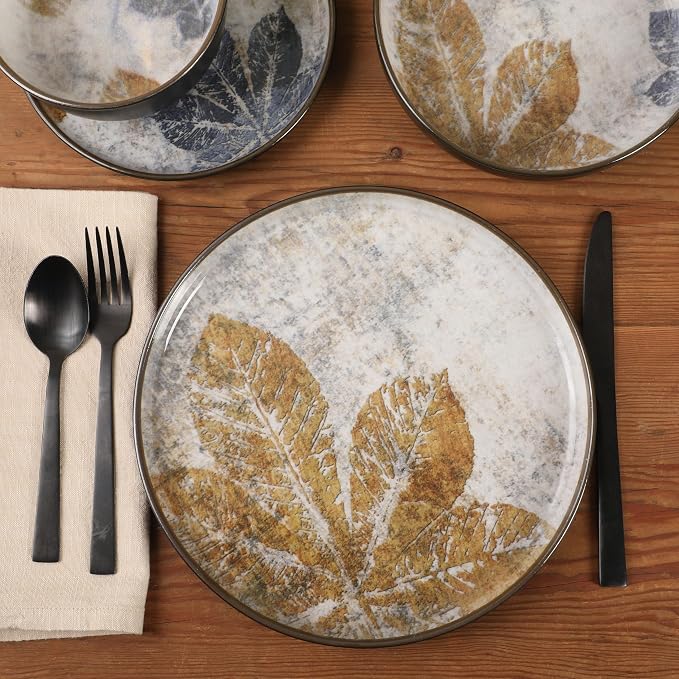 Gibson Elite Chantilly Hill 16-Piece Ceramic Dinnerware Set, Round Plates & Bowls, Multicolor Leaf Design, Microwave & Dishwasher Safe, Service for 4