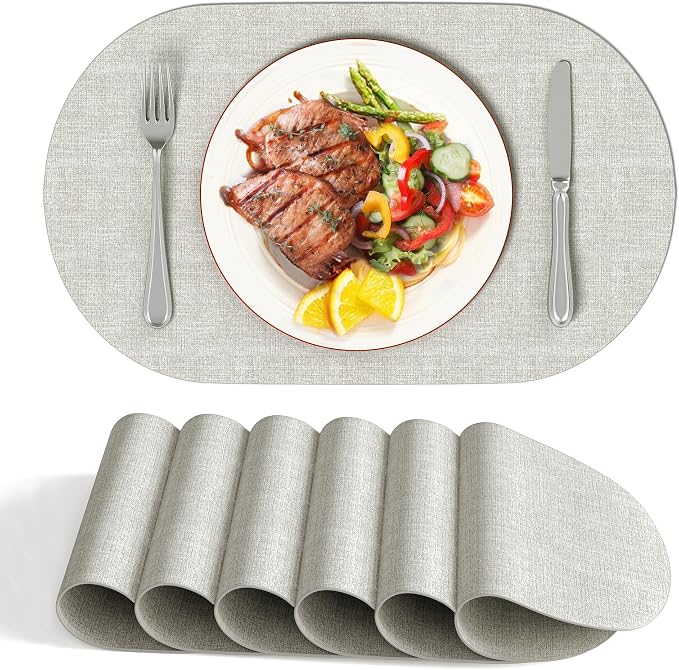 DOLOPL Oval Placemats Set of 6, Gray Faux Leather Table Place Mats | Reversible, Wipeable & Washable, Heat Resistant, Waterproof, 17"x11.8", Modern Neutral Style for Kitchen, Dining Table