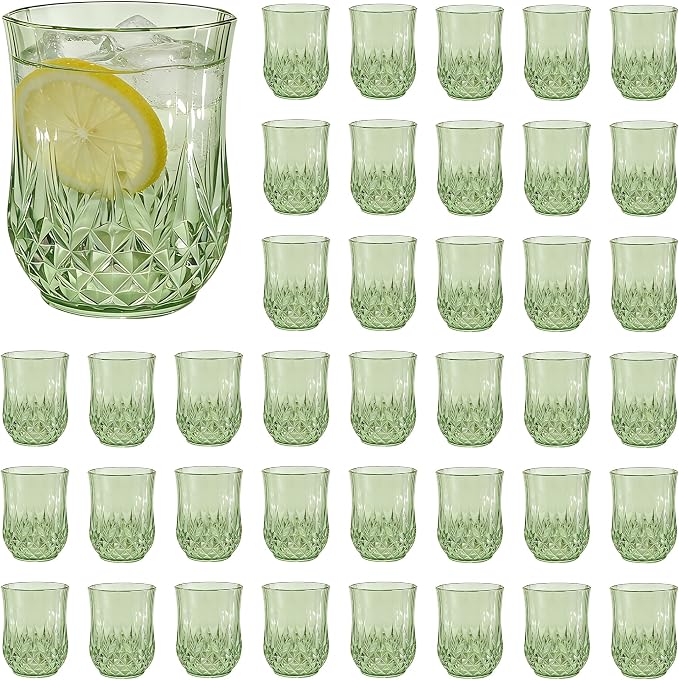 40 Pack Plastic Stemless Wine Glasses, 12oz Unbreakable Wine Cups | Reusable Fancy Vintage Drinking Glass Bulk for Cocktail, Whiskey, Juice, Elegant Decor for Wedding, Party & Holiday Events