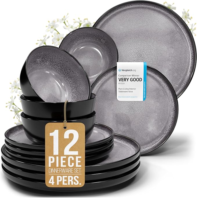 12 Piece Stoneware Dinnerware Set for 4 - Handmade Reactive Glaze Plates and Bowls Set - Chip & Scratch Resistant Dish Set - Dishwasher Microwave Safe - Dark Gray | Award Winning, Handmade Reactive Glaze Dishes, Dishwasher & Microwave Safe, Chip & Scra...