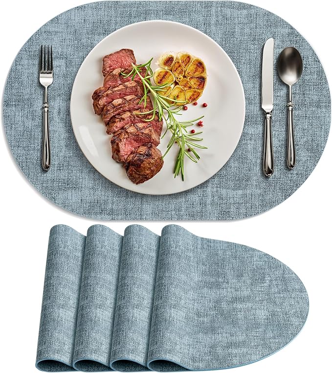 Placemats for Dining Table Set of 4 Non-Slip, Heat Resistant Oval Leather Placemat Double Layer, Waterproof Table Mats Easy to Clean for Kitchen Dining Room Coffee Office Table, Light Blue