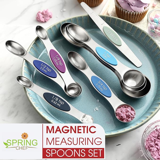 Spring Chef Stainless Steel 8 Magnetic Measuring Spoons Set, Winter Frost | Dual Sided Metal Teaspoon & Tablespoon Measuring Spoons with Leveler for Dry & Liquid Ingredients, Fits in Kitchen Spice Jars
