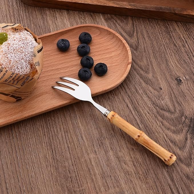 8 PCS Small Fork, 6.3 Inches Stainless Steel Dessert Forks with Bamboo Handle, Kitchen Flatware Cutlery Set, Use for Tasting Cakes Fruits and Appetizer, Mirror Polished