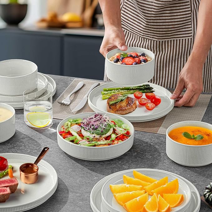 LIANYU 24 Piece Dinnerware Sets with Double Bowls, Ceramic Plates and Bowls Set for 4, Ribbed Stoneware Dishes for Home Kitchen, Microwave and Dishwasher Safe, Speckled White