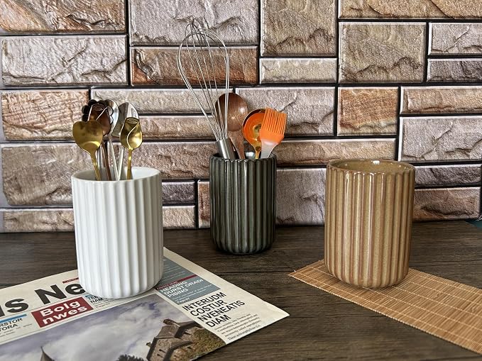 TOPYOKK Stoneware Coffee Bar Utensil Holder Tea & Coffee Spoon & Stirrer Holder for Stir Stick Straw Teaspoon Holder Espresso Spoon Cup Small Utensil Jar Fluted Vertical Stripe (Retro Bronze)