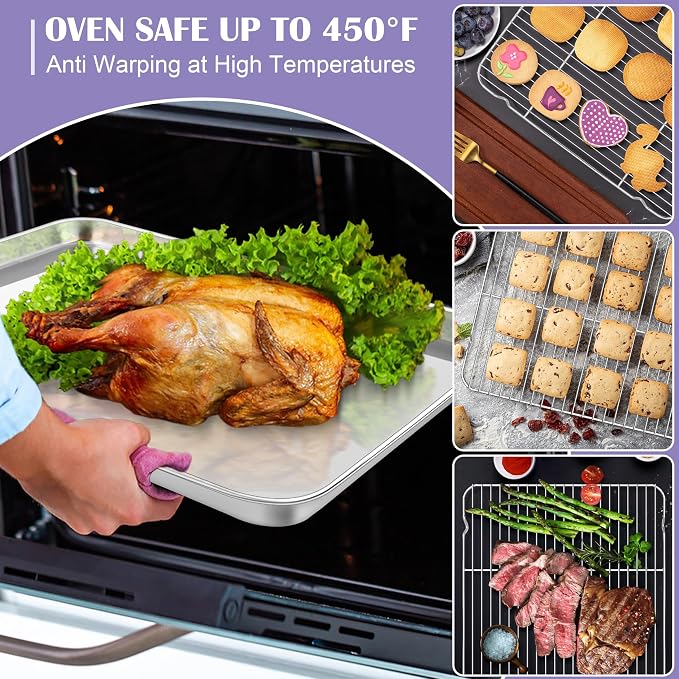 E-far Large Baking Sheet with Wire Rack (2 Pans + 2 Racks), 20 x 14 Inch Stainless Steel Cookie Pans Tray & Cooling Rack for Baking, Non Toxic & Heavy Duty & Rust Free, Oven & Dishwasher Safe