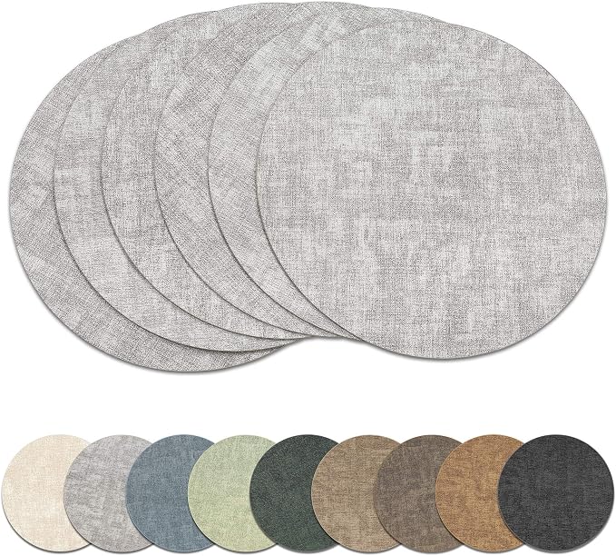 13" Round Placemats Set of 6, Reversible Faux Leather Wipeable Table Mats | 2mm Vinyl Heat Resistant, Waterproof Oilproof Scratch Proof Non-Slip, Washable for Kitchen Dining Indoor Outdoor (Light Grey)