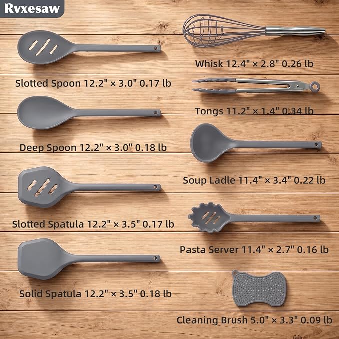 Kitchen Utensils Set,9 PCS Silicone Cooking Utensils Set Spatula Set,Tongs,Spoon,Whisk,Brush,Dishwasher Safe Kitchen Gadgets for Non-Stick Cookware,Home Essential，Kitchen Appliances Tool(Gray)