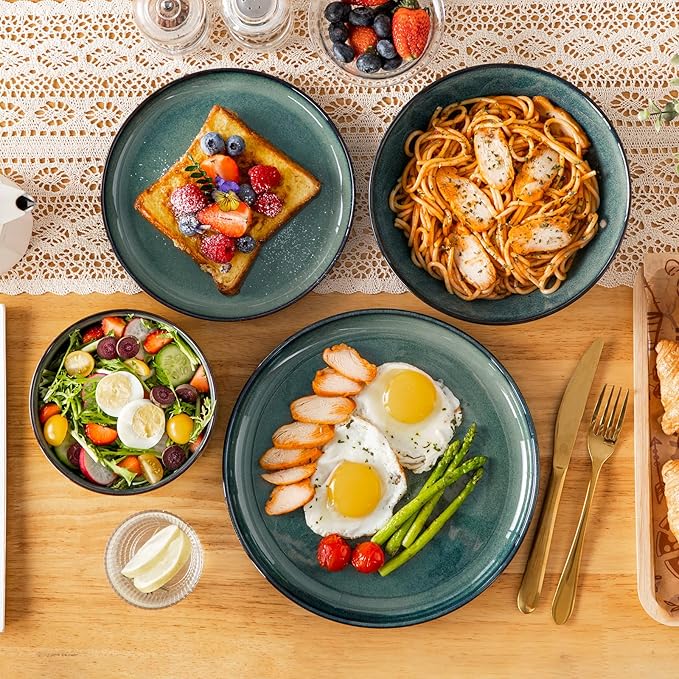 vancasso Starry Plates and Bowls Sets for 6, 24 Pieces Dinnerware Sets, Green Reactive Glaze Dishes Sets for Kitchen, Scratch Resistant Stoneware Dishes Set, Dishwasher and Microwave Safe
