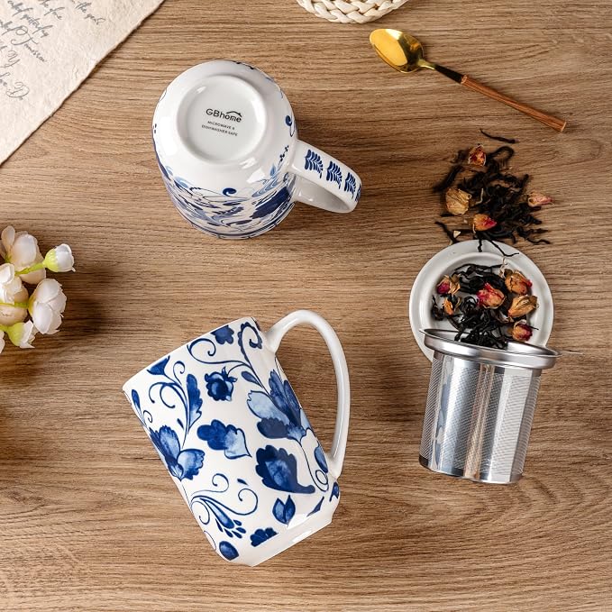 GBhome Tea Mug with Infuser and Lid,18 Ounce Ceramic Loose Leaf Cup Steeper | Lead-Free Glaze For Tea Lovers,Microwave & Dishwasher Safe with Tea Strainer